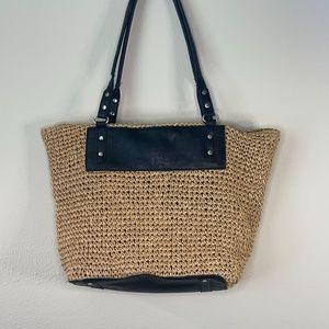 Summer Straw Beach Bag with Black Straps Silver Hardware